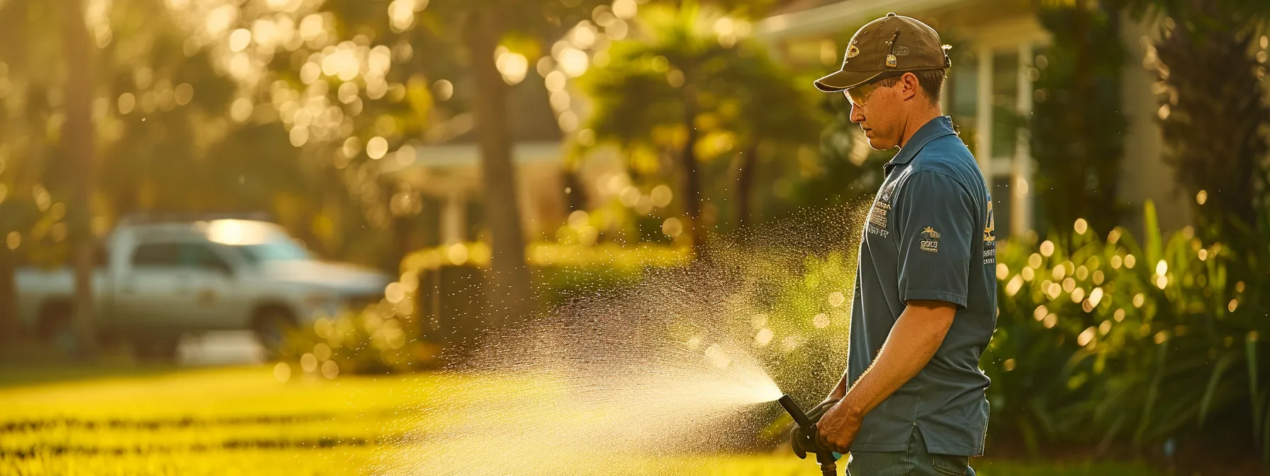 a focused technician in a brightwater-branded shirt meticulously repairs a residential sprinkler head amidst a lush florida lawn, with water gently spraying from the sprinkler and a service vehicle prominently parked nearby, capturing the essence of reliable and expert sprinkler repair service.