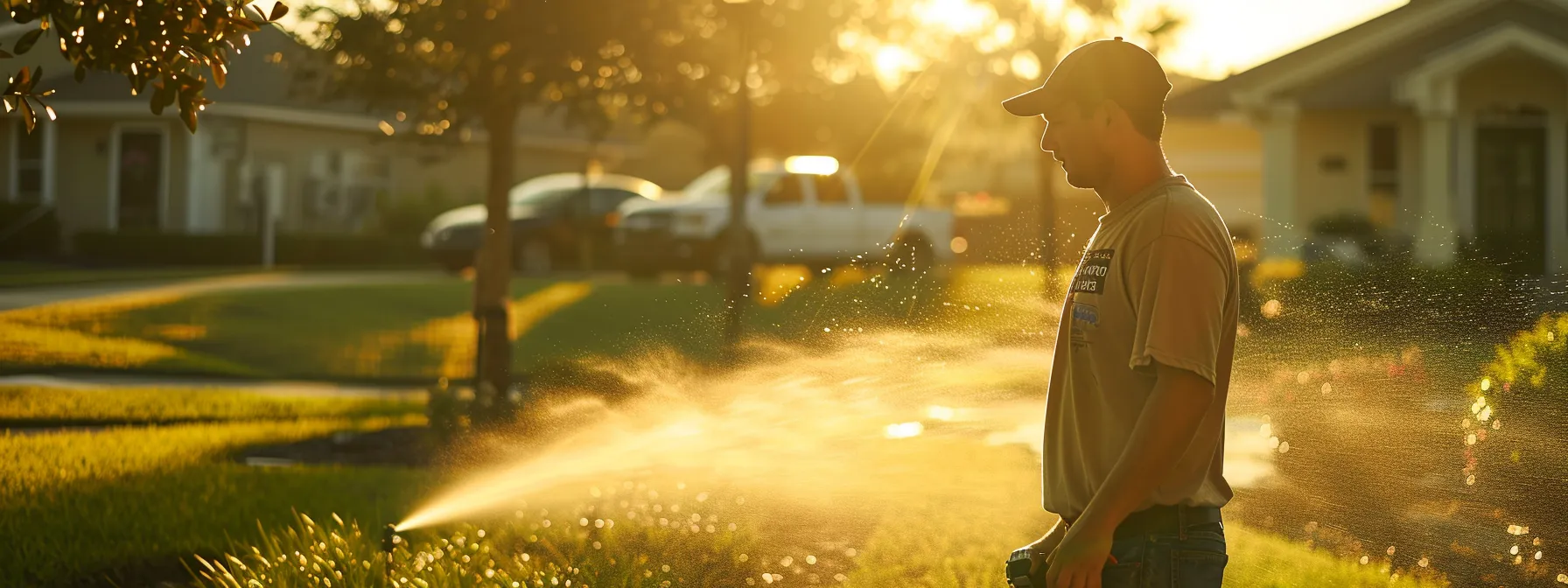 a focused technician in a brightwater-branded shirt expertly repairs a residential sprinkler head amidst a pristine florida lawn, with gentle water spraying from the system and a service vehicle positioned in the background, highlighting the precision and reliability of expert irrigation maintenance.