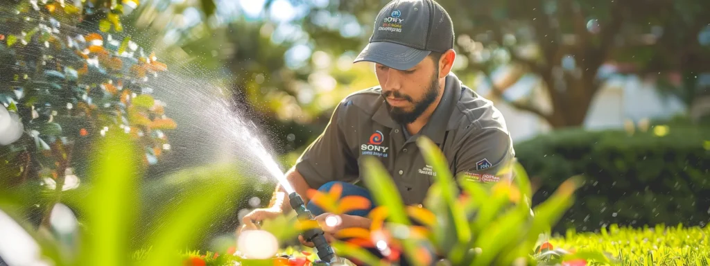 a focused technician in a brightwater-branded shirt meticulously repairs a residential sprinkler head amidst a vibrant florida lawn, with water gently spraying and an organized array of tools nearby, all captured in bright daylight for a sense of precision and trust in expert service.