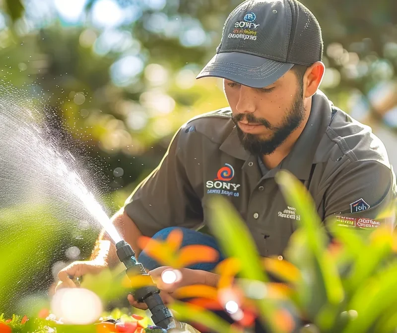 a focused technician in a brightwater-branded shirt meticulously repairs a residential sprinkler head amidst a vibrant florida lawn, with water gently spraying and an organized array of tools nearby, all captured in bright daylight for a sense of precision and trust in expert service.