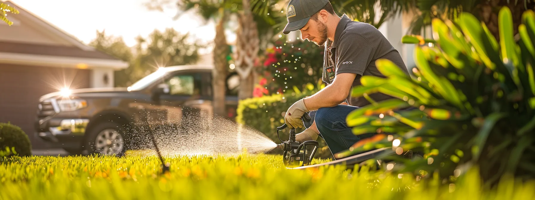 a professional technician in a brightwater-branded shirt is meticulously repairing a residential sprinkler head in a pristine florida lawn, surrounded by specialized irrigation tools, with water gently spraying and a service vehicle prominently parked in the background, highlighting precision and expertise in sprinkler repair.