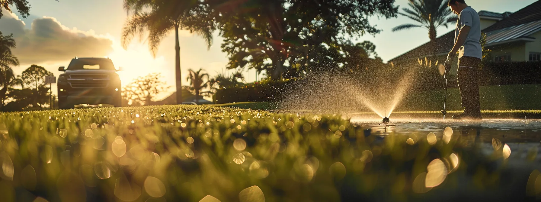 a professional technician in a brightwater-branded shirt meticulously repairs a residential sprinkler head amidst a lush, well-maintained florida lawn, with water gently spraying from the fixed sprinkler and a service vehicle in the background, highlighting expertise and efficiency in irrigation.