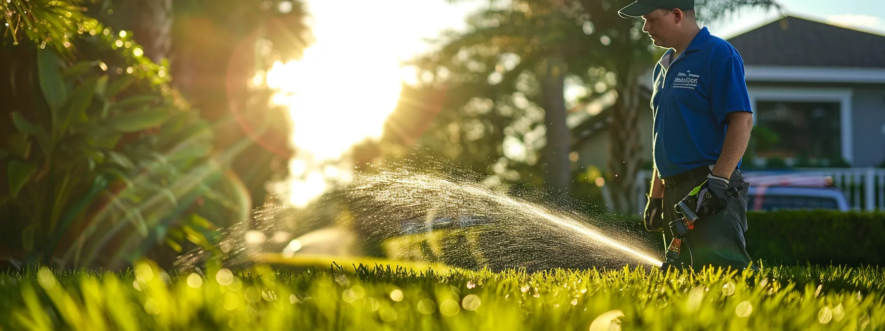 a professional technician in a brightwater-branded shirt meticulously repairs a residential sprinkler head amidst a pristine florida lawn, with water gently spraying from the system and a service vehicle parked nearby, symbolizing precision and reliability in irrigation maintenance.