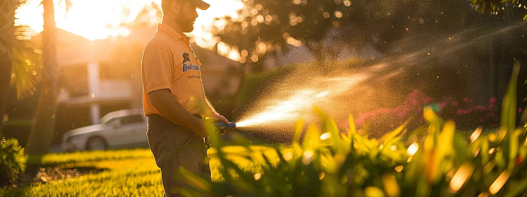 a professional technician in a brightwater-branded shirt meticulously repairs a sprinkler head while water gently sprays across a lush, well-maintained florida lawn, with a service vehicle parked in the background under clear daylight, emphasizing precision and reliability in expert sprinkler repair.