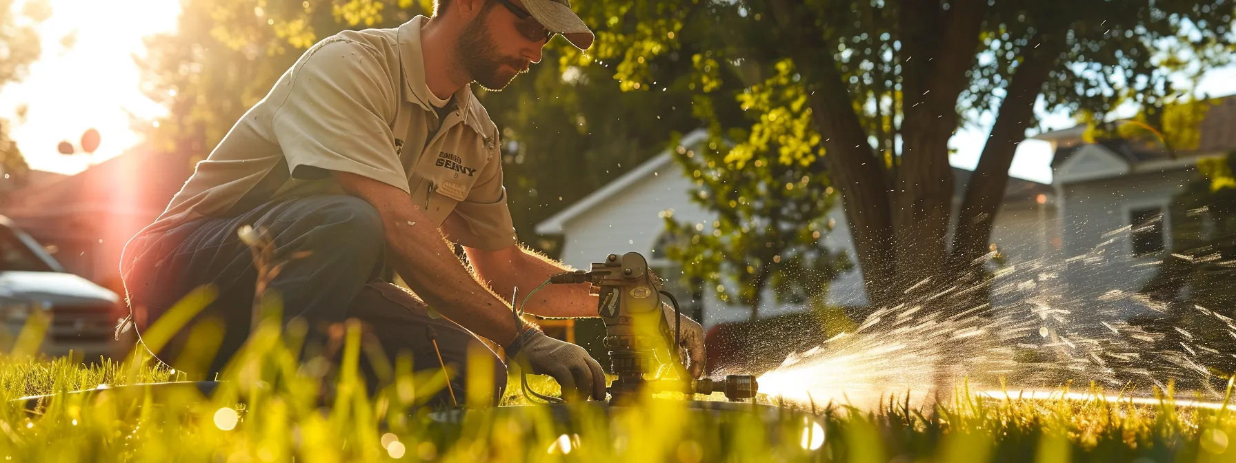 a professional technician in a brightwater-branded shirt meticulously repairs a residential sprinkler head amidst a vibrant lawn, with irrigation tools scattered nearby and water gently spraying, all under the bright daylight and with a service vehicle in the background, highlighting precision and expert maintenance.