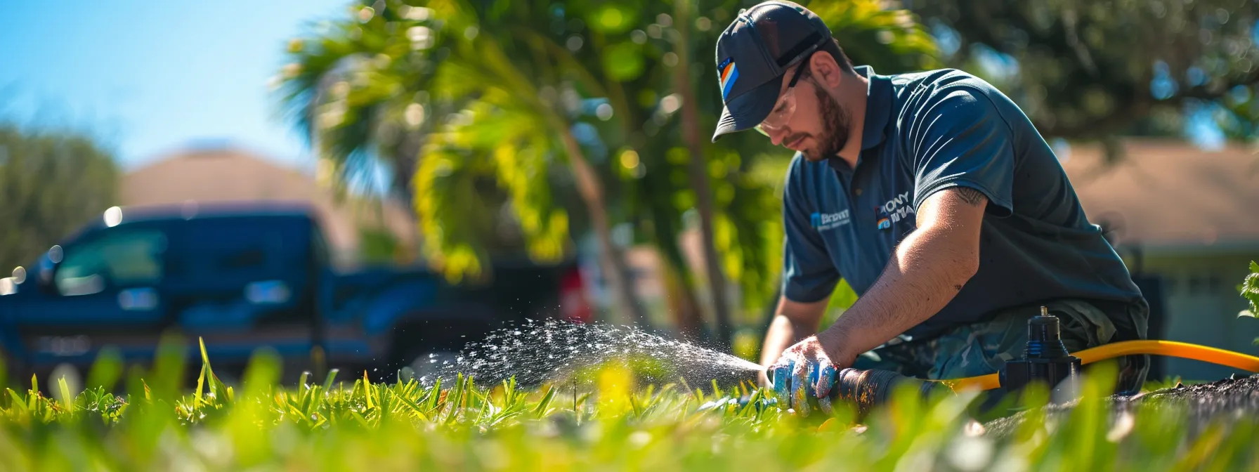 a professional technician in a brightwater-branded shirt meticulously repairs a residential sprinkler head, surrounded by essential irrigation tools, with water gently spraying from a functioning sprinkler against a backdrop of a pristine florida lawn and service vehicle under clear daylight.