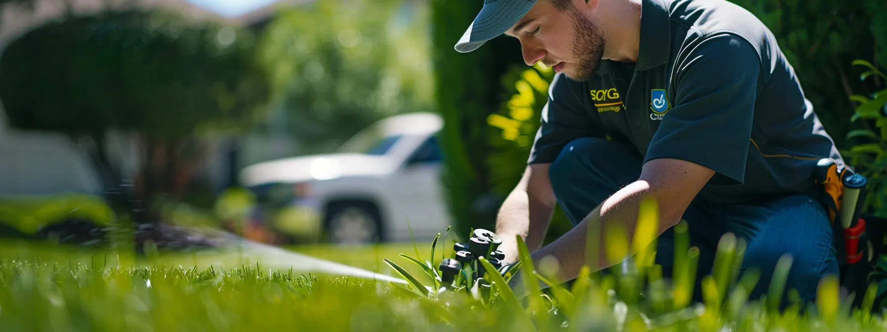 a professional technician in a brightwater-branded shirt carefully repairs a residential sprinkler head, surrounded by vibrant green grass and visible irrigation tools, while a service vehicle is parked in the background under clear daylight, capturing the essence of precision and reliability in expert sprinkler repair.