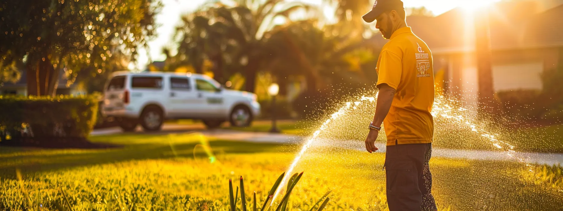 a skilled technician in a brightwater-branded shirt meticulously repairs a residential sprinkler head, with water gently spraying amidst a pristine florida lawn, showcasing precision and professionalism, while a service vehicle is subtly visible in the background under clear daylight.