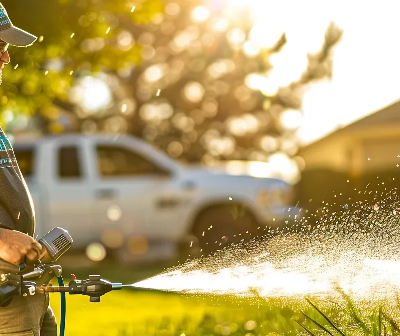 a skilled technician in a brightwater-branded shirt meticulously repairs a residential sprinkler head in a pristine lawn, with irrigation tools at hand and water gently spraying, all under the bright daylight and alongside a service vehicle in the background, highlighting expert sprinkler repair and precision.