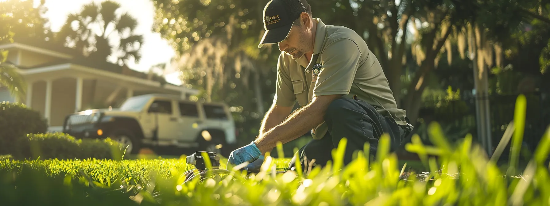 a focused technician in a brightwater-branded shirt methodically repairs a residential sprinkler head amidst a lush, meticulously maintained florida lawn, with tools scattered around and a service vehicle subtly in the background, capturing the essence of precision and expert irrigation service under clear daylight.