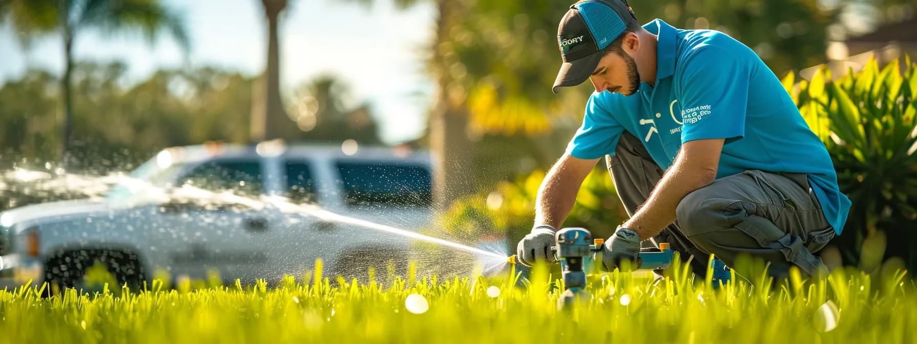a professional technician in a brightwater-branded shirt carefully repairs a malfunctioning sprinkler head in a well-manicured florida lawn, with irrigation tools visible and water gently spraying from a nearby sprinkler under bright daylight, while a service vehicle is parked in the background.