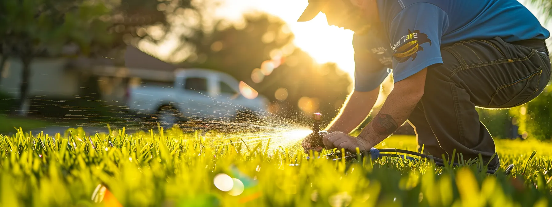 a professional technician in a brightwater-branded shirt meticulously repairs a residential sprinkler head in a well-maintained florida lawn, with water gently spraying from the fixed sprinkler, surrounded by vibrant green grass and essential irrigation tools, all captured in bright daylight with a service vehicle in the background.