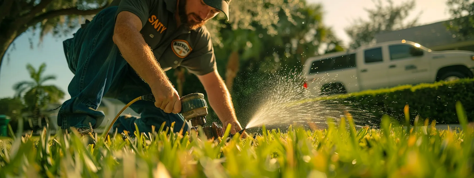a professional technician in a brightwater-branded shirt meticulously repairs a residential sprinkler head in a pristine florida lawn, with irrigation tools nearby and water gently spraying, all framed by a service vehicle in the background under bright daylight.