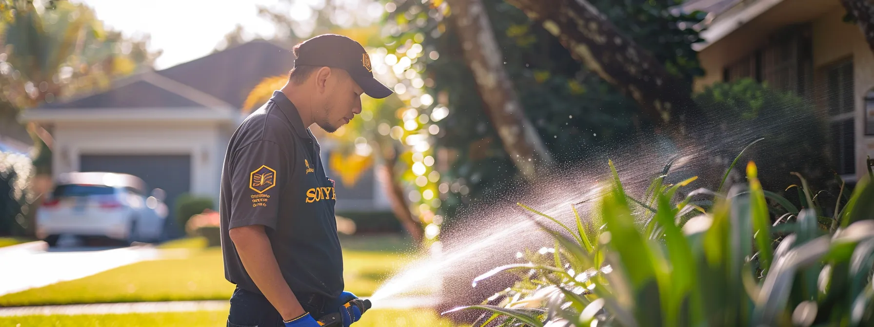 a professional technician in a brightwater-branded shirt meticulously repairs a residential sprinkler head in a pristine florida lawn, with water gently spraying from a fixed sprinkler, surrounded by well-maintained greenery and a service vehicle in the background, highlighting precision and expert irrigation service.