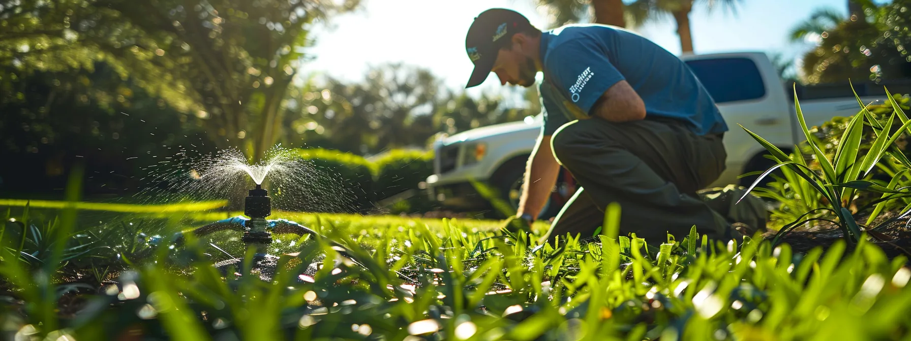 a professional technician in a brightwater-branded shirt carefully repairs a residential sprinkler head amidst a pristine florida lawn, with irrigation tools visible and water elegantly spraying from a fixed sprinkler under clear daylight, while a service vehicle subtly anchors the background.