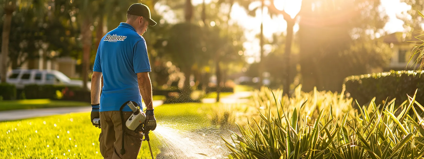 a professional technician in a brightwater-branded shirt carefully repairs a residential sprinkler head in a meticulously maintained florida lawn, with water gently spraying from the fixed sprinkler and essential irrigation tools nearby, all under bright daylight with a service vehicle visible in the background.