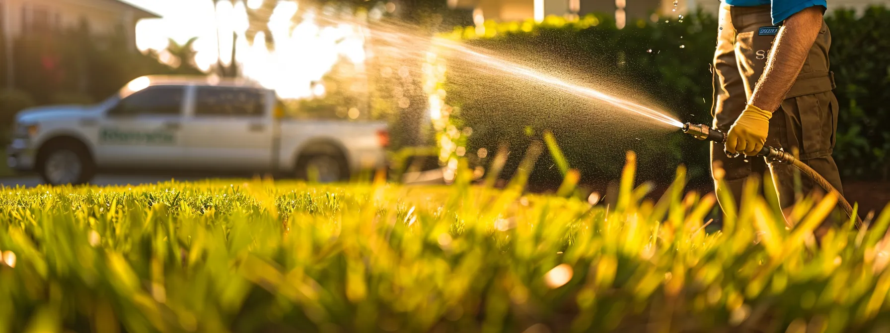 a professional technician in a brightwater-branded shirt expertly repairs a residential sprinkler head as water gently sprays from it, surrounded by vibrant, healthy grass and a service vehicle parked in the background, all captured in the clear daylight of a well-maintained florida lawn.