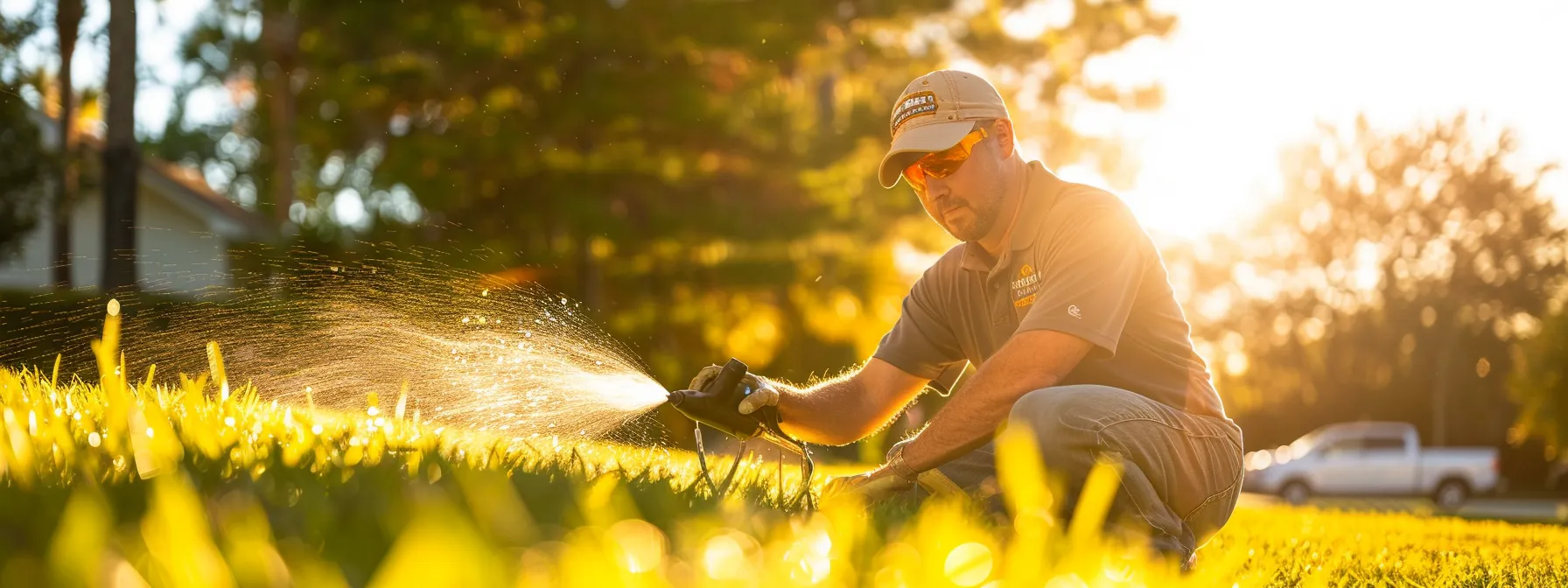 a professional technician in a brightwater-branded shirt meticulously repairs a residential sprinkler head in a pristine florida lawn, with water gently spraying from a functioning sprinkler and a service vehicle subtly parked in the background, highlighting the precision and reliability of expert irrigation service.