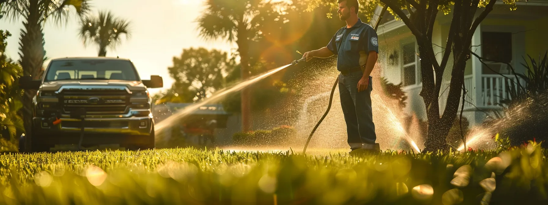 a professional technician in a brightwater-branded shirt expertly repairs a residential sprinkler head amidst a pristine florida lawn, with irrigation tools at hand and gentle water spray glistening in the daylight, while a service vehicle stands ready in the background.