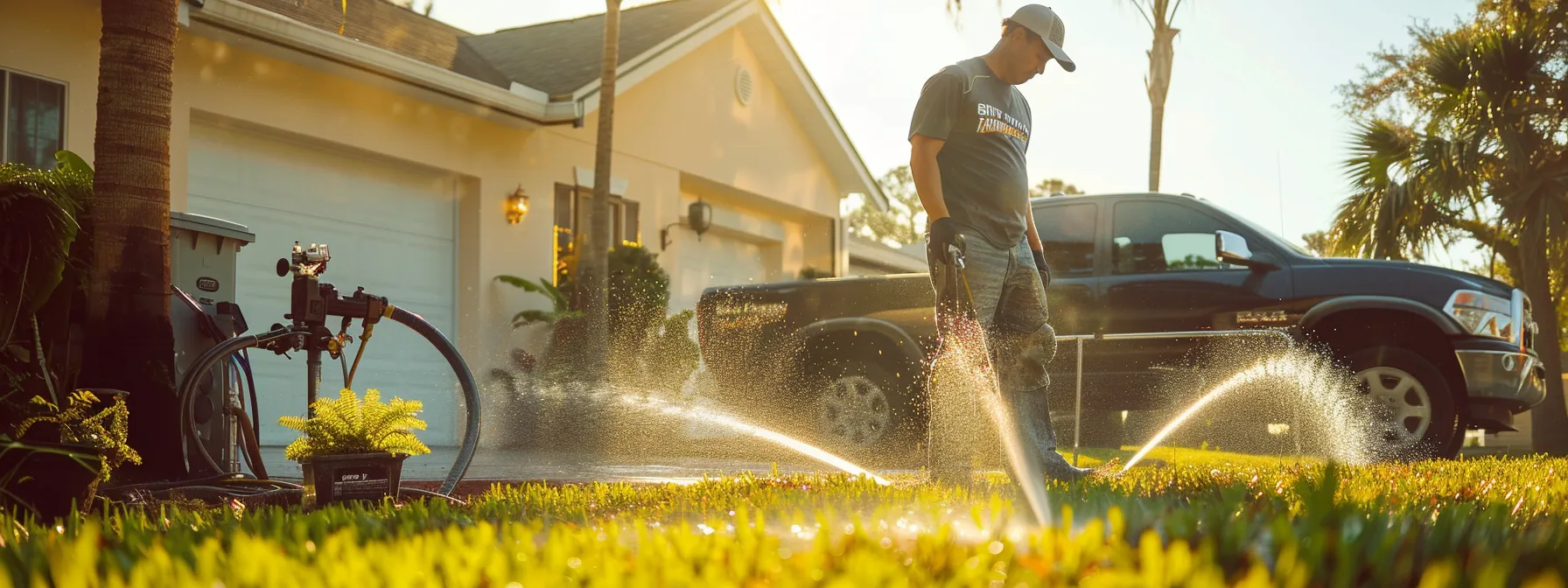 a skilled technician in a brightwater-branded shirt diligently repairs a residential sprinkler head, surrounded by irrigation tools and a service vehicle, with water spraying gently against the backdrop of a meticulously maintained florida lawn under clear daylight.