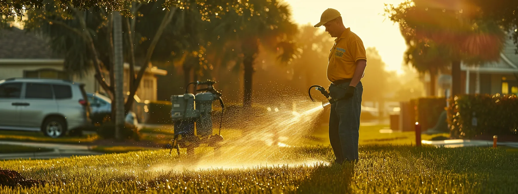 a skilled technician in a brightwater-branded shirt meticulously repairs a residential sprinkler head amidst a pristine florida lawn, surrounded by irrigation tools and a service vehicle, while gentle water sprays from the fixed sprinkler under bright daylight.