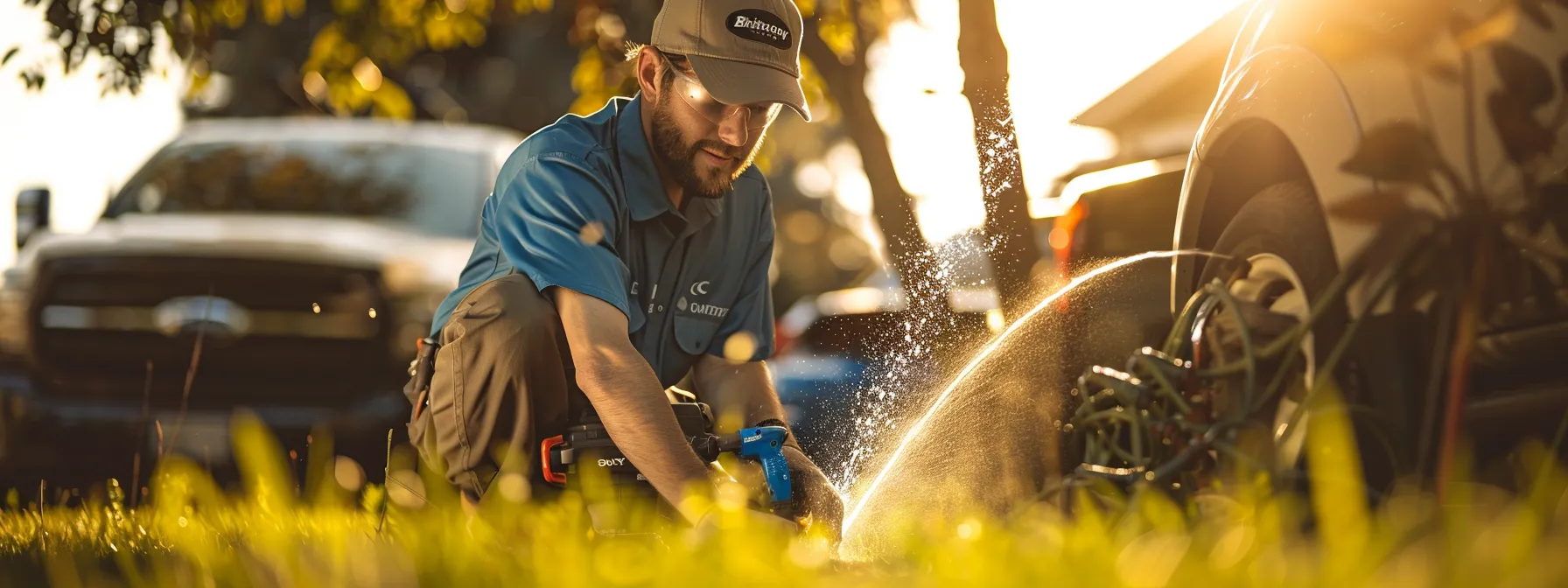 a skilled technician in a brightwater-branded shirt meticulously repairs a residential sprinkler head, surrounded by professional irrigation tools and gently spraying water against a backdrop of well-maintained green grass and a service vehicle under clear daylight.