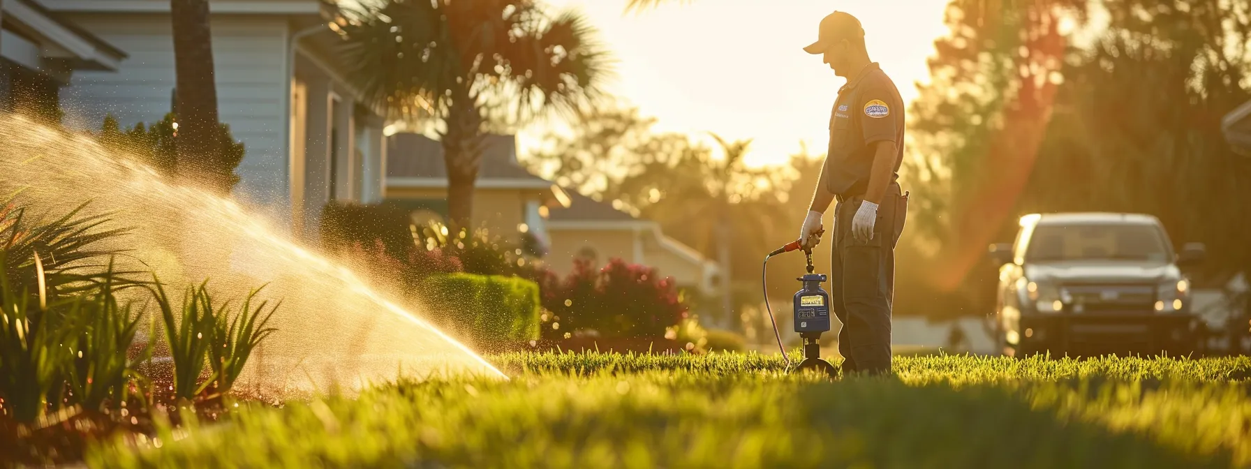 a skilled technician in a brightwater-branded shirt meticulously repairs a residential sprinkler head in a pristine florida lawn, surrounded by irrigation tools and a gently spraying fixed sprinkler, while a service vehicle stands ready in the background, capturing the essence of precision and expert care in irrigation system maintenance.