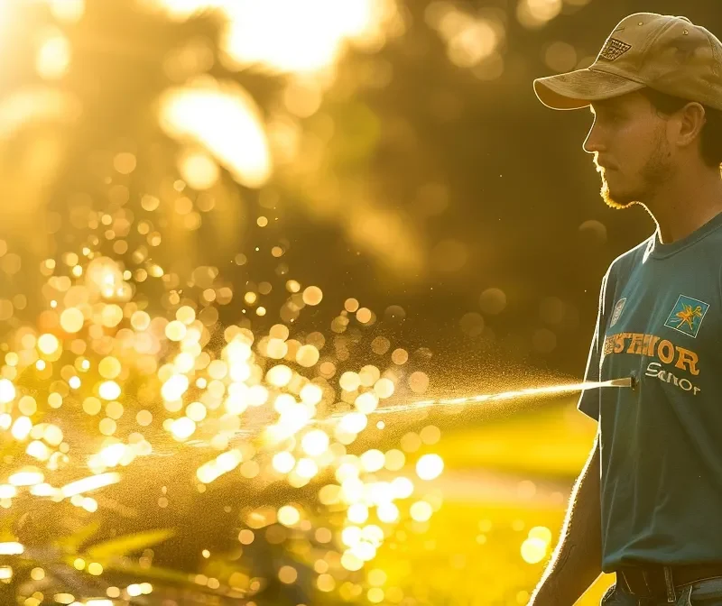 a skilled technician in a brightwater-branded shirt meticulously repairs a residential sprinkler head amidst a vibrant florida lawn, with water gently spraying from the fixture, irrigation tools at the ready, and a service vehicle in the background under bright daylight, capturing the essence of precision and expert service in sprinkler repair.