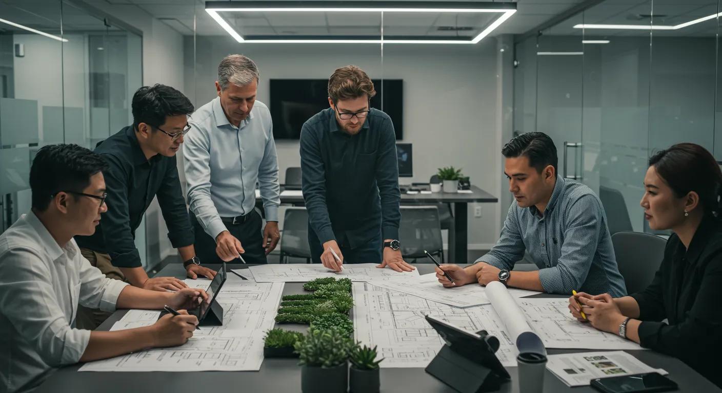 a sleek, modern office space showcases a dynamic team engaged in a focused brainstorming session with architectural plans and digital tablets, emphasizing the essential communication and planning for a seamless landscaping project.