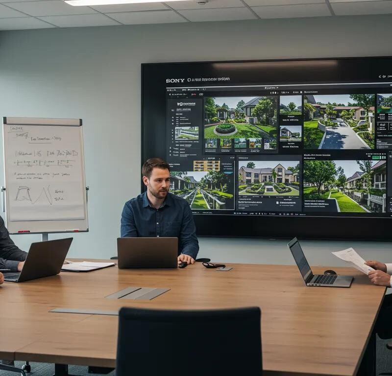 a sleek, modern office space features a pristine conference room with a large screen displaying vibrant landscaping project portfolios, surrounded by engaged professionals reviewing documentation and highlighting certifications, creating a dynamic atmosphere of collaboration and evaluation.