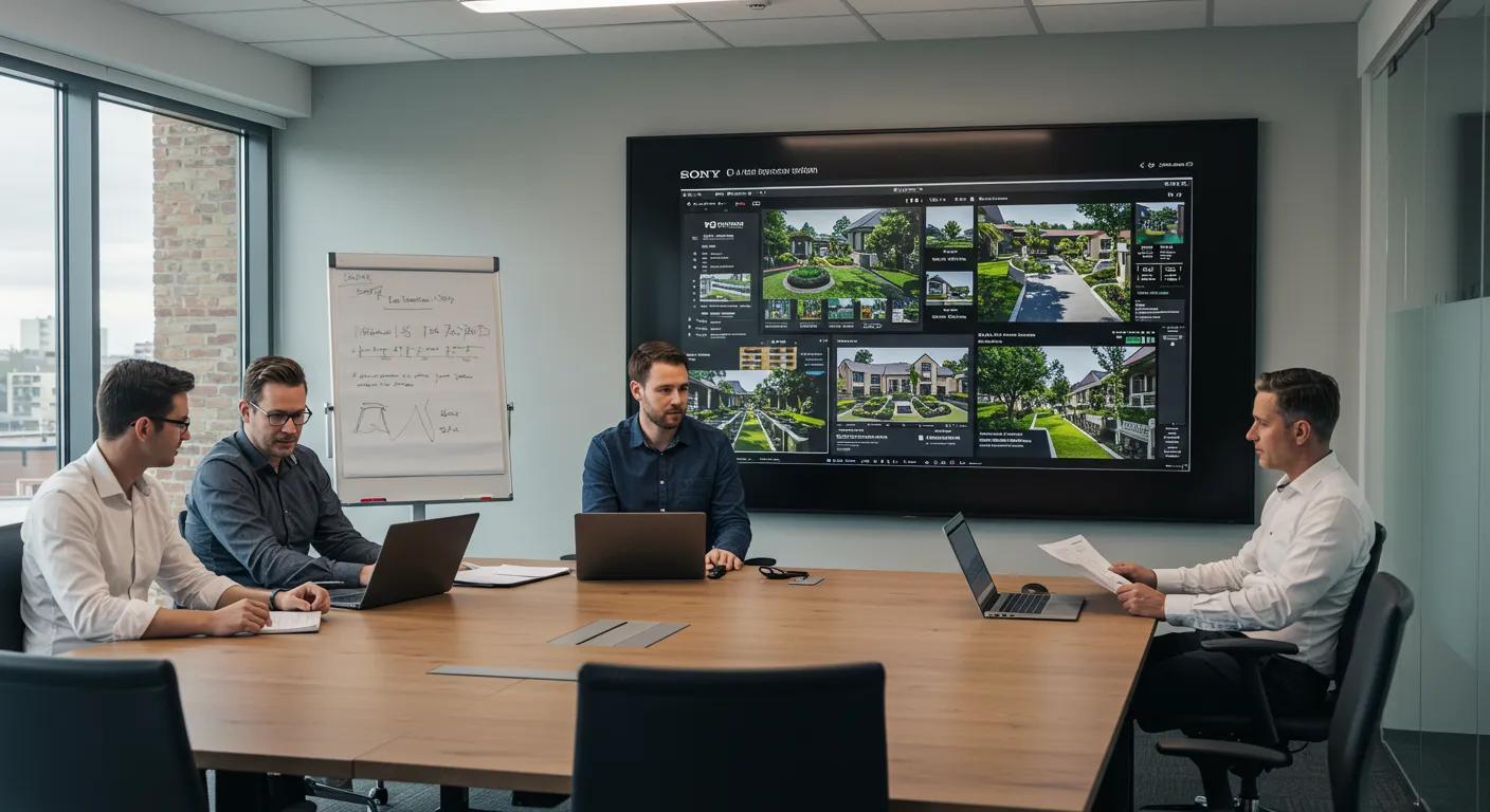 a sleek, modern office space features a pristine conference room with a large screen displaying vibrant landscaping project portfolios, surrounded by engaged professionals reviewing documentation and highlighting certifications, creating a dynamic atmosphere of collaboration and evaluation.