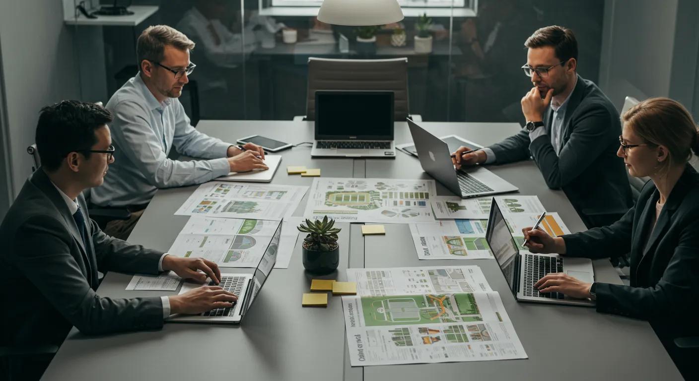 a sleek, modern office environment with a large conference table showcasing multiple colorful proposals and laptops, as professionals engage in a focused discussion about comparing landscaping service quotes for commercial projects.