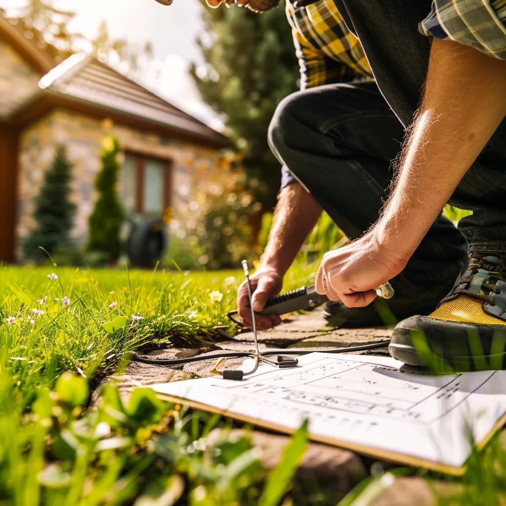 Homeowner inspecting a lawn sprinkler system with a checklist in a sunny garden