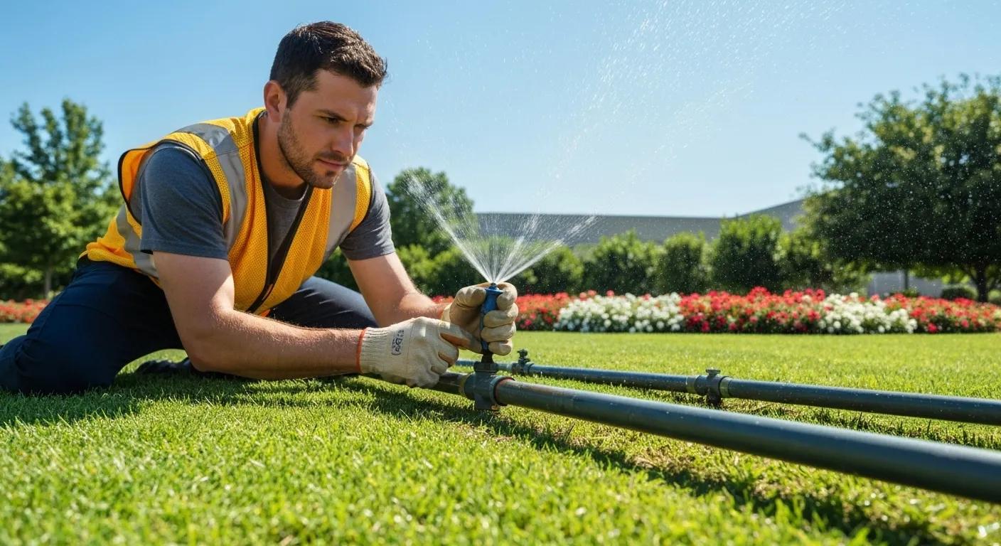 Technician conducting preventative maintenance on an irrigation system in a commercial landscape