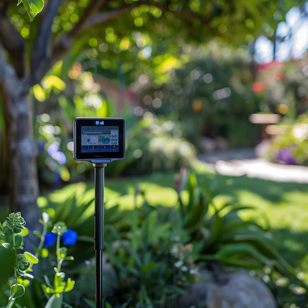 Smart irrigation system with digital controller and sensors in a lush garden setting