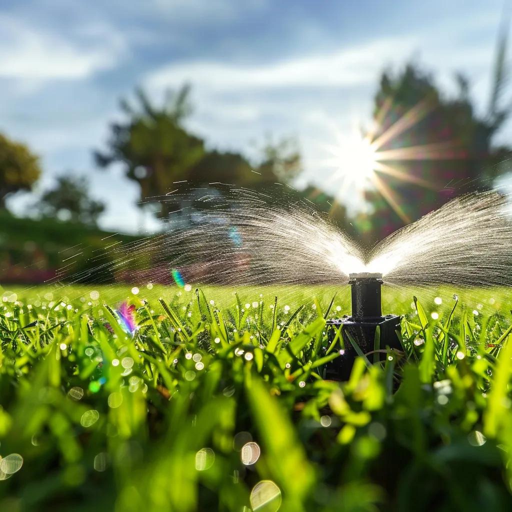 Lawn sprinkler system watering a lush green lawn under a sunny sky