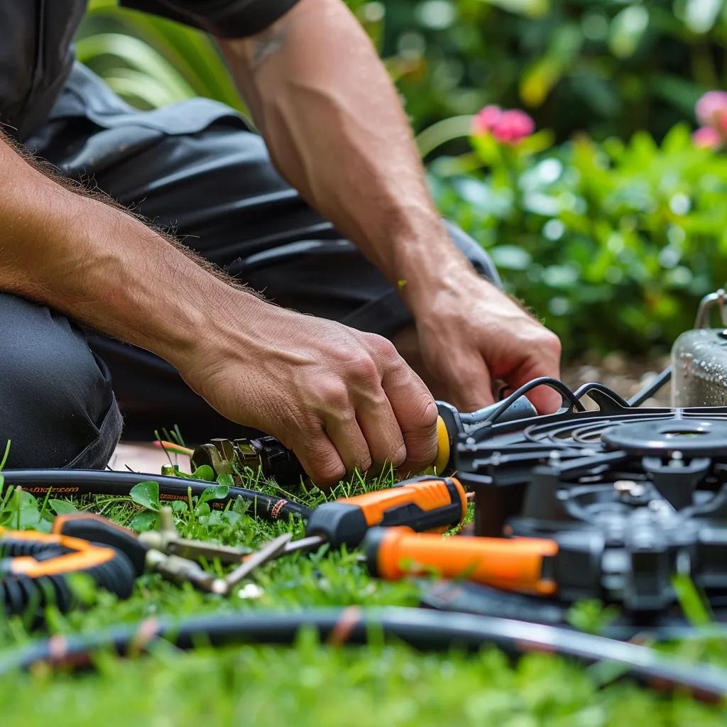 Technician replacing a sprinkler head with tools and parts in a garden setting