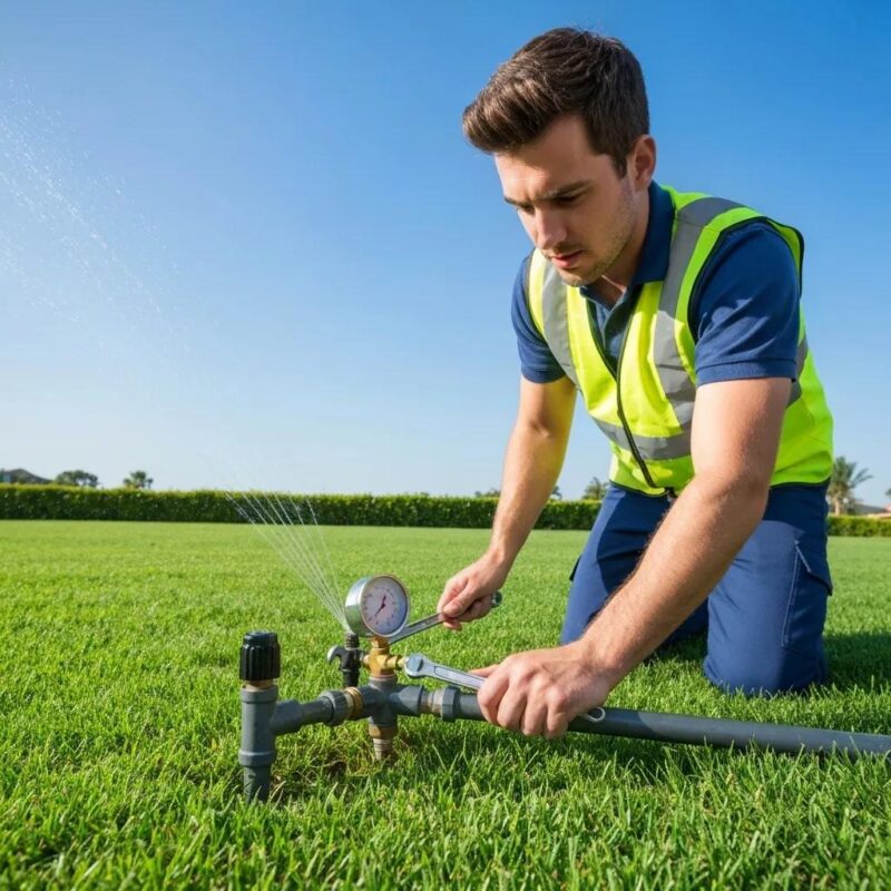 Professional technician inspecting a residential sprinkler system in a green lawn