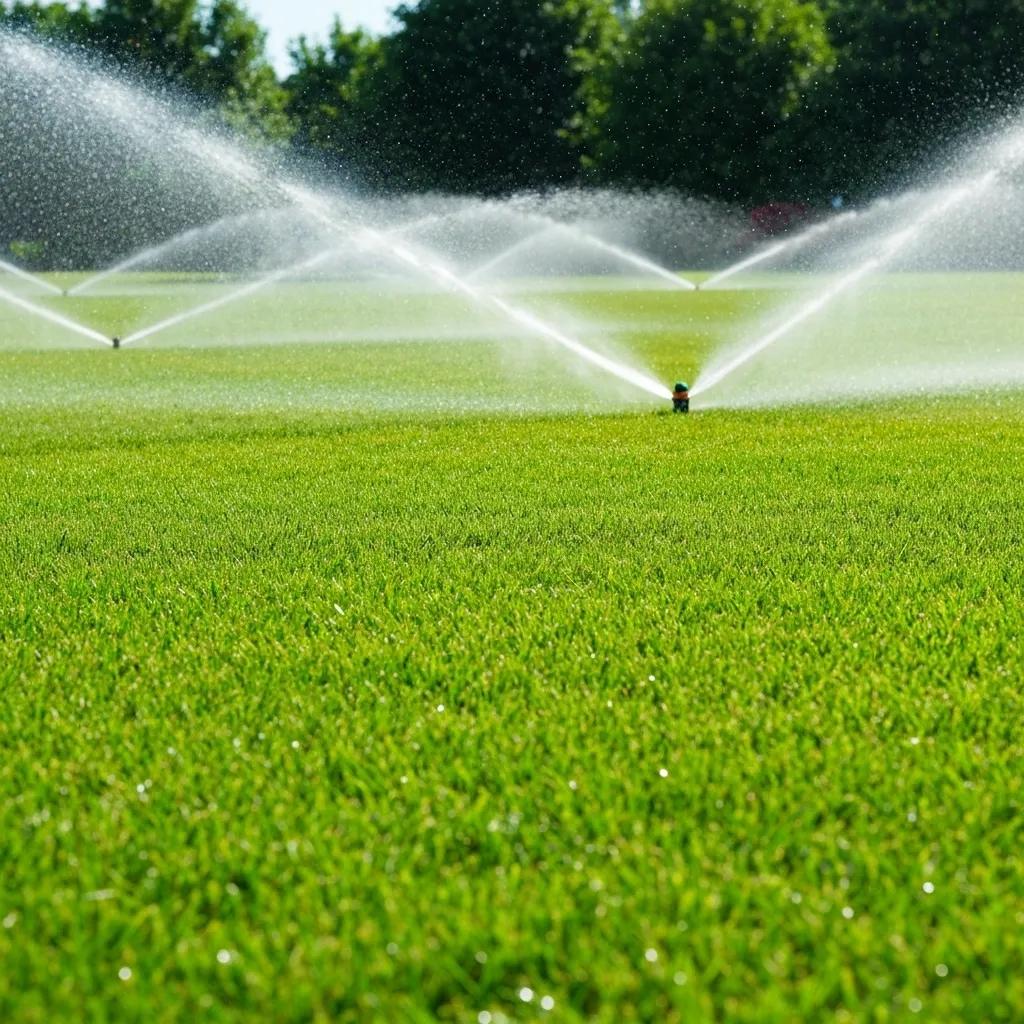 Lush green lawn with a functioning sprinkler system watering evenly, highlighting effective irrigation