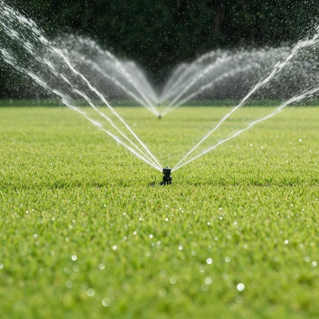 Lush green lawn with a functioning home sprinkler system demonstrating efficient irrigation