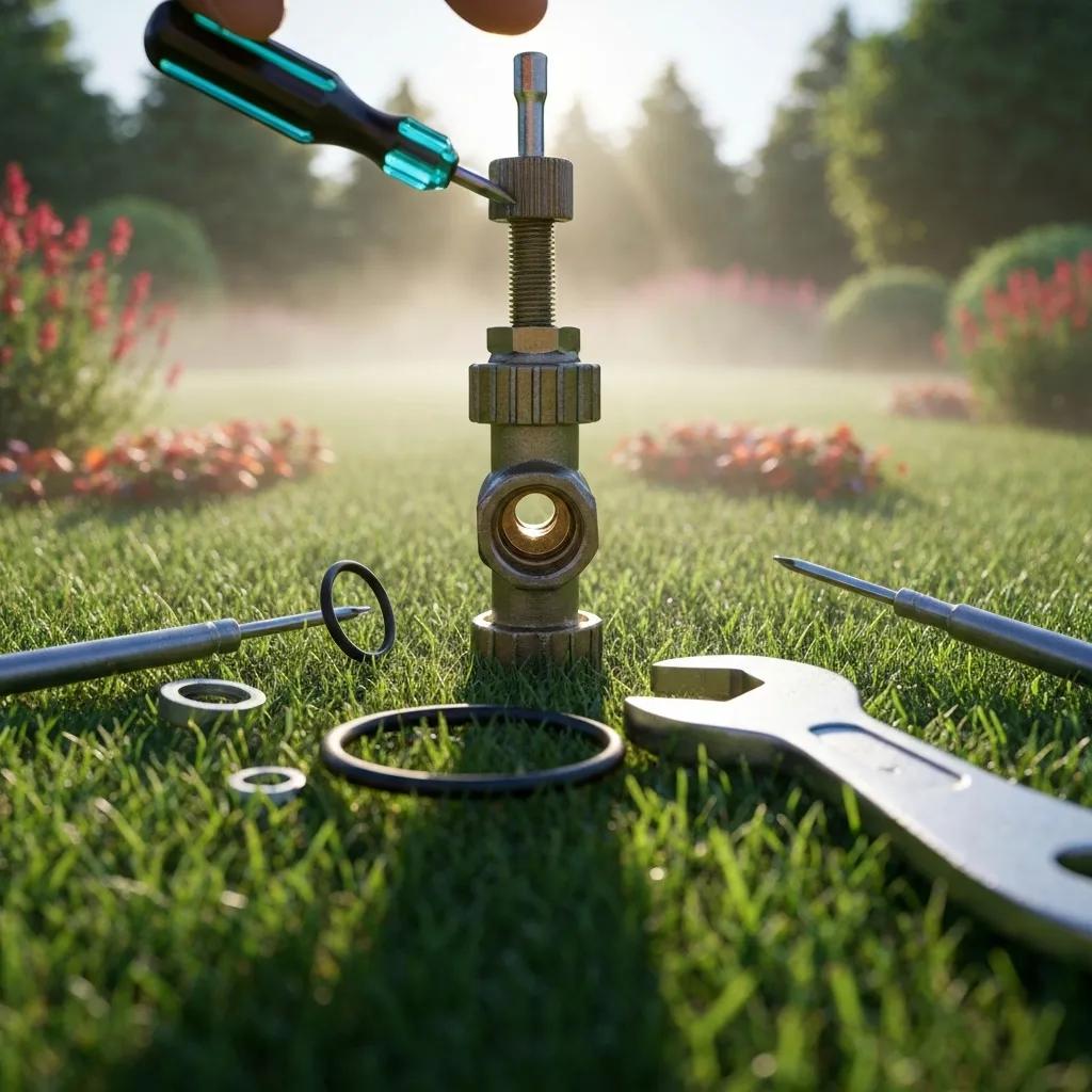 Close-up of a leaky sprinkler valve being repaired, emphasizing water conservation and maintenance