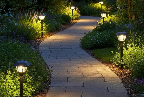 Illuminated garden pathway featuring various types of pathway lights, creating a warm and inviting atmosphere