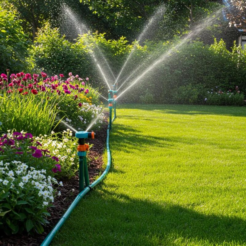 Lush garden with Brightwater irrigation system demonstrating efficient landscape watering