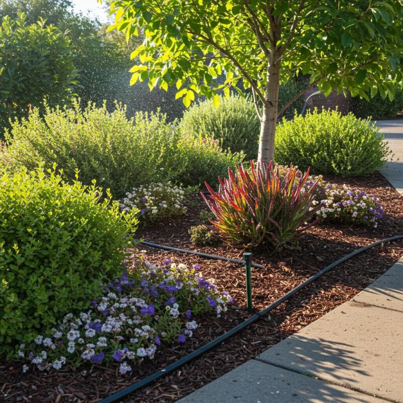 Lush garden with drought-resistant plants and drip irrigation system highlighting water conservation strategies