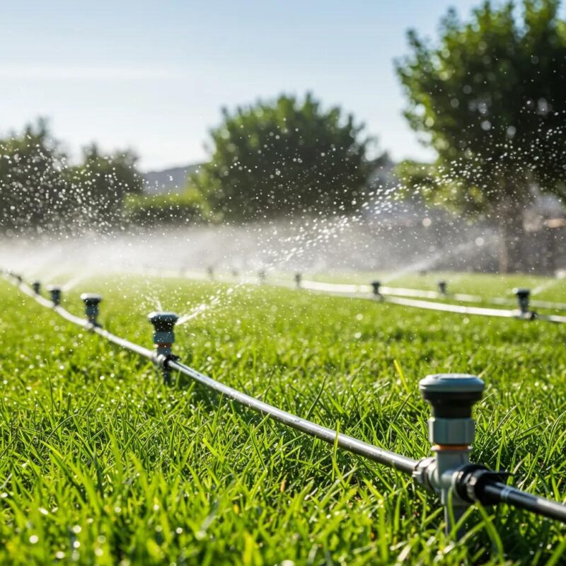 Modern irrigation system with lush plants demonstrating efficient water usage