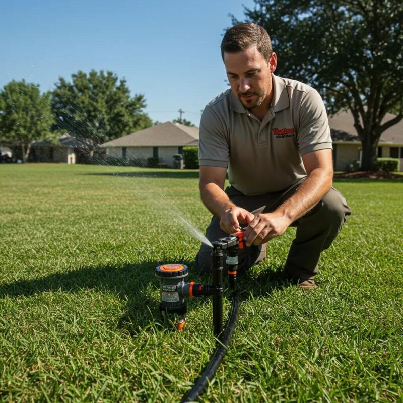Technician repairing a residential sprinkler system in Orlando's lush landscape