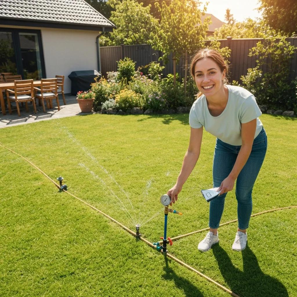 Homeowner inspecting sprinkler system components, highlighting essential seasonal maintenance tasks for optimal performance