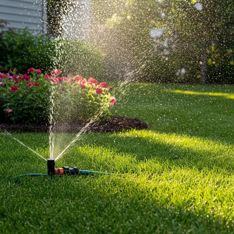 Residential lawn with a functioning sprinkler system, highlighting healthy landscaping and water conservation