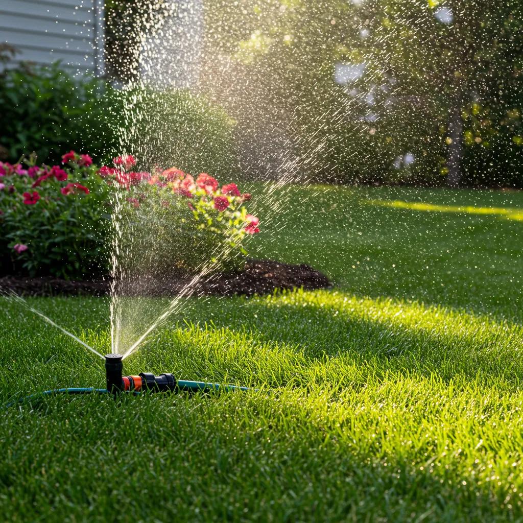 Residential lawn with a functioning sprinkler system, highlighting healthy landscaping and water conservation