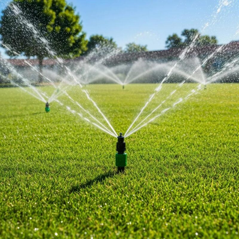 Residential sprinkler system watering a lush green lawn, illustrating effective irrigation